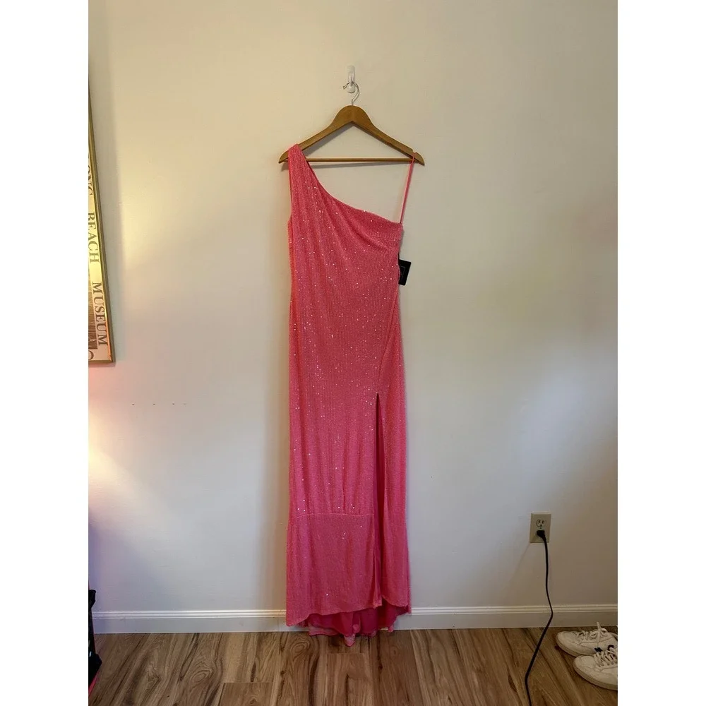 NWT IEENA for Mac Duggal Pink One Shoulder Sequin Gown Slit Cowl Back | Size 8